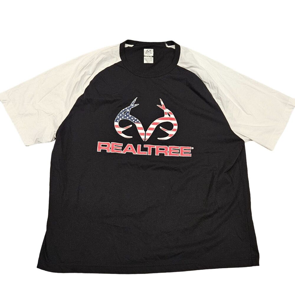 Realtree American Flag Graphic Tee Men's Black White Short Sleeve T-Shirt Sz 2XL